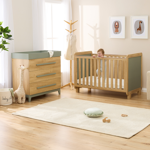 Kuba Cot with Chest & Removable Changer in Sage Weave & Golden Oak With Free Cot Mattress